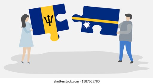 Couple holding two puzzles pieces with Barbadian and Nauruan flags. Barbados and Nauru national symbols together.