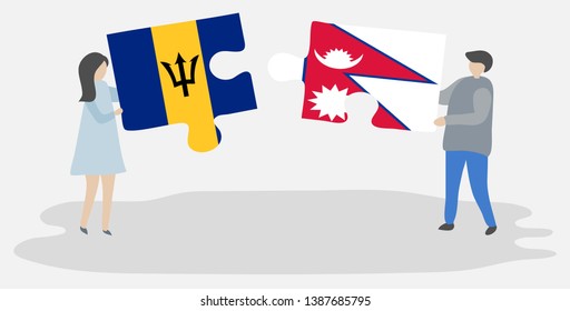 Couple holding two puzzles pieces with Barbadian and Nepalese flags. Barbados and Nepal national symbols together.