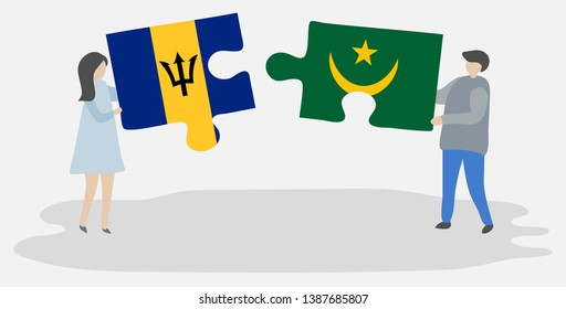 Couple holding two puzzles pieces with Barbadian and Mauritanian flags. Barbados and Mauritania national symbols together.