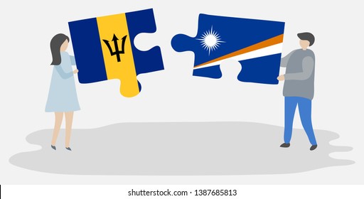 Couple holding two puzzles pieces with Barbadian and Marshallese flags. Barbados and Marshall Islands national symbols together.