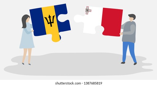 Couple holding two puzzles pieces with Barbadian and Maltese flags. Barbados and Malta national symbols together.