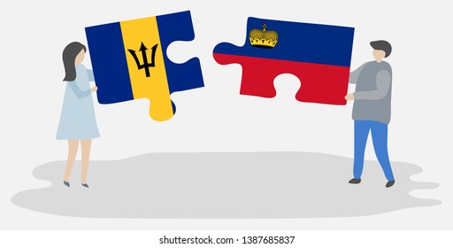 Couple holding two puzzles pieces with Barbadian and Liechtenstein flags. Barbados and Liechtenstein national symbols together.
