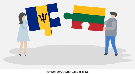 Couple holding two puzzles pieces with Barbadian and Lithuanian flags. Barbados and Lithuania national symbols together.