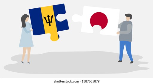 Couple holding two puzzles pieces with Barbadian and Japanese flags. Barbados and Japan national symbols together.