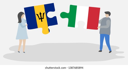 Couple holding two puzzles pieces with Barbadian and Italian flags. Barbados and Italy national symbols together.