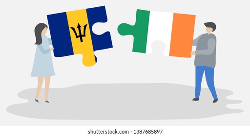 Couple holding two puzzles pieces with Barbadian and Irish flags. Barbados and Ireland national symbols together.