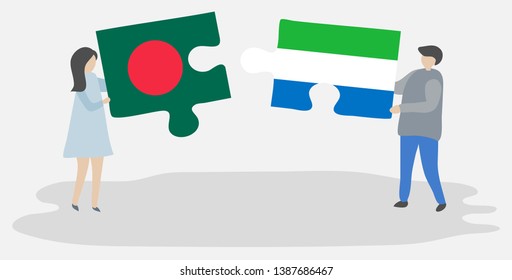 Couple holding two puzzles pieces with Bangladeshi and Sierra Leonean flags. Bangladesh and Sierra Leone national symbols together.