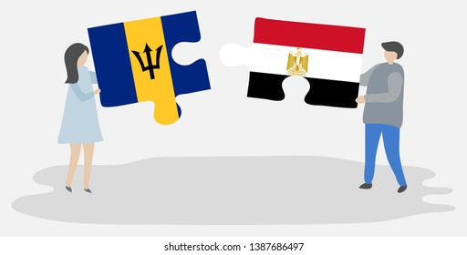 Couple holding two puzzles pieces with Barbadian and Egyptian flags. Barbados and Egypt national symbols together.