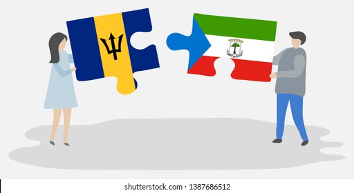 Couple holding two puzzles pieces with Barbadian and Equatorial Guinean flags. Barbados and Equatorial Guinea national symbols together.