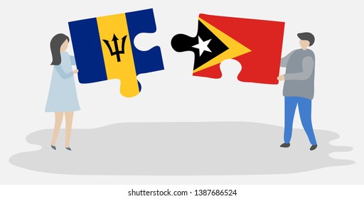 Couple holding two puzzles pieces with Barbadian and Timorese flags. Barbados and East Timor national symbols together.