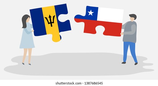 Couple holding two puzzles pieces with Barbadian and Chilean flags. Barbados and Chile national symbols together.