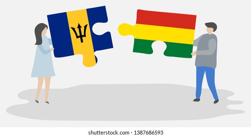 Couple holding two puzzles pieces with Barbadian and Bolivian flags. Barbados and Bolivia national symbols together.
