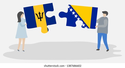 Couple holding two puzzles pieces with Barbadian and Bosnian flags. Barbados and Bosnia and Herzegovina national symbols together.