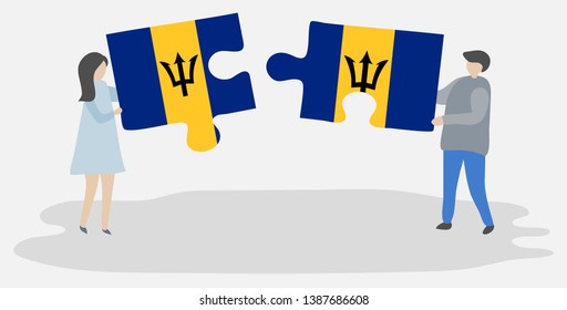 Couple holding two puzzles pieces with Barbadian and Barbadian flags. Barbados and Barbados national symbols together.