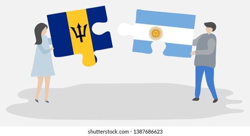 Couple holding two puzzles pieces with Barbadian and Argentine flags. Barbados and Argentina national symbols together.