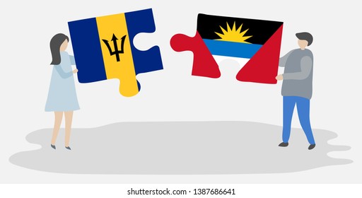 Couple holding two puzzles pieces with Barbadian and Antiguan flags. Barbados and Antigua and Barbuda national symbols together.