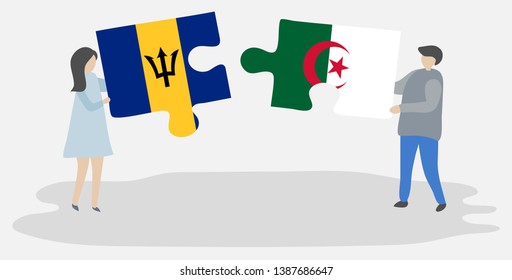 Couple holding two puzzles pieces with Barbadian and Algerian flags. Barbados and Algeria national symbols together.