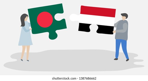Couple holding two puzzles pieces with Bangladeshi and Yemeni flags. Bangladesh and Yemen national symbols together.