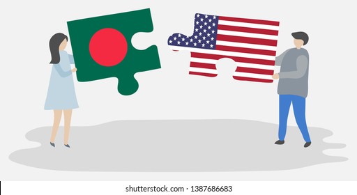 Couple holding two puzzles pieces with Bangladeshi and American flags. Bangladesh and United States of America national symbols together.