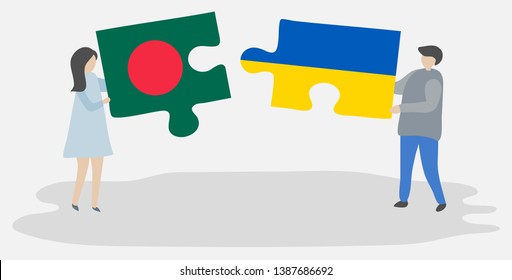 Couple holding two puzzles pieces with Bangladeshi and Ukrainian flags. Bangladesh and Ukraine national symbols together.