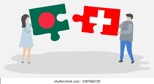 Couple holding two puzzles pieces with Bangladeshi and Swiss flags. Bangladesh and Switzerland national symbols together.