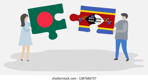Couple holding two puzzles pieces with Bangladeshi and Swazi flags. Bangladesh and Swaziland national symbols together.