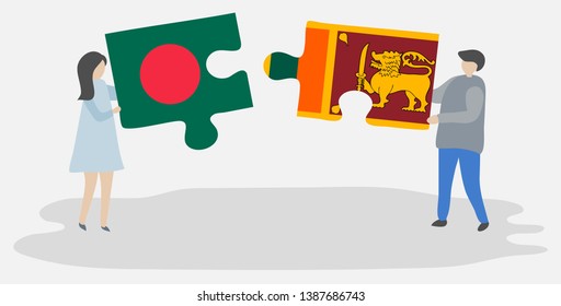 Couple holding two puzzles pieces with Bangladeshi and Sri Lankan flags. Bangladesh and Sri Lanka national symbols together.