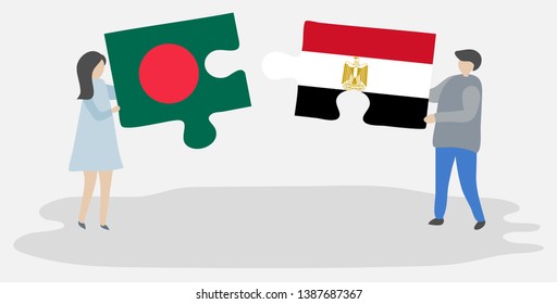 Couple holding two puzzles pieces with Bangladeshi and Egyptian flags. Bangladesh and Egypt national symbols together.