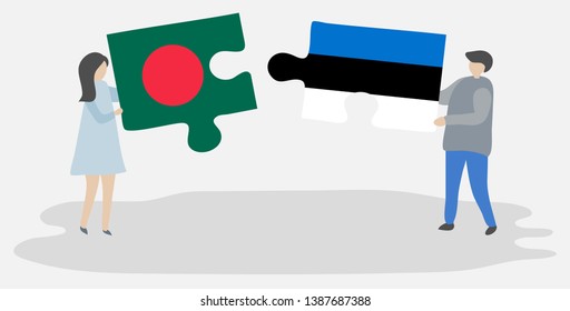 Couple holding two puzzles pieces with Bangladeshi and Estonian flags. Bangladesh and Estonia national symbols together.