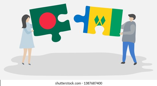 Couple holding two puzzles pieces with Bangladeshi and Vincentian flags. Bangladesh and Saint Vincent and the Grenadines national symbols together.