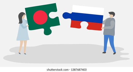 Couple holding two puzzles pieces with Bangladeshi and Russian flags. Bangladesh and Russia national symbols together.