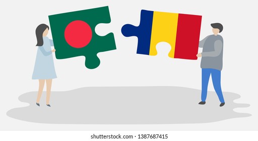 Couple holding two puzzles pieces with Bangladeshi and Romanian flags. Bangladesh and Romania national symbols together.