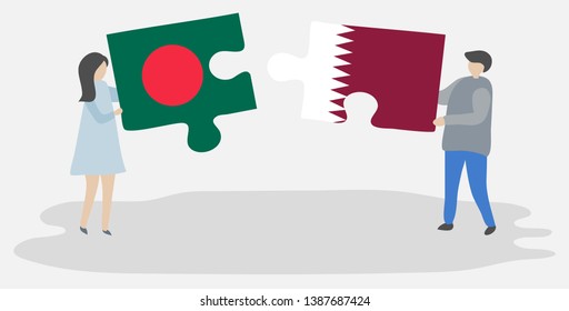 Couple holding two puzzles pieces with Bangladeshi and Qatari flags. Bangladesh and Qatar national symbols together.