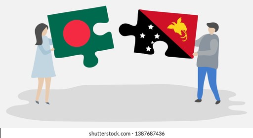 Couple holding two puzzles pieces with Bangladeshi and Papuan flags. Bangladesh and Papua New Guinea national symbols together.