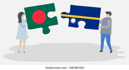 Couple holding two puzzles pieces with Bangladeshi and Nauruan flags. Bangladesh and Nauru national symbols together.
