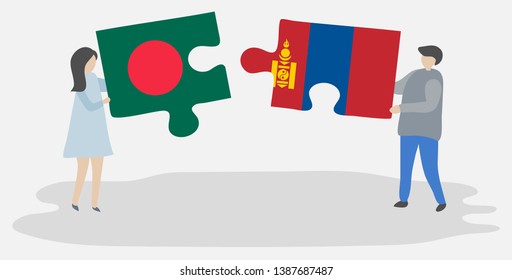 Couple holding two puzzles pieces with Bangladeshi and Mongolian flags. Bangladesh and Mongolia national symbols together.