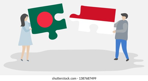 Couple holding two puzzles pieces with Bangladeshi and Monegasque flags. Bangladesh and Monaco national symbols together.