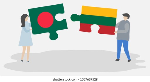 Couple holding two puzzles pieces with Bangladeshi and Lithuanian flags. Bangladesh and Lithuania national symbols together.