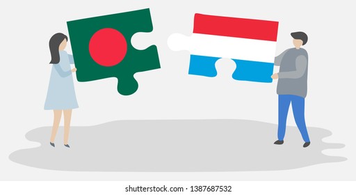 Couple holding two puzzles pieces with Bangladeshi and Luxembourgish flags. Bangladesh and Luxembourg national symbols together.