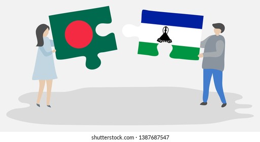 Couple holding two puzzles pieces with Bangladeshi and Basotho flags. Bangladesh and Lesotho national symbols together.