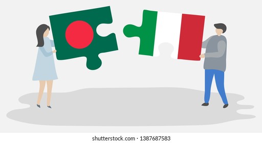 Couple holding two puzzles pieces with Bangladeshi and Italian flags. Bangladesh and Italy national symbols together.