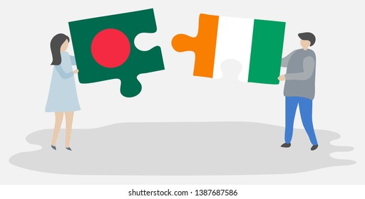 Couple holding two puzzles pieces with Bangladeshi and Ivorian flags. Bangladesh and Ivory Coast national symbols together.
