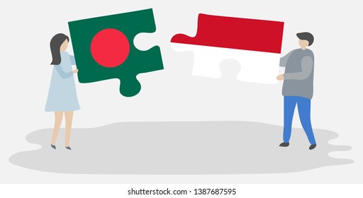Couple holding two puzzles pieces with Bangladeshi and Indonesian flags. Bangladesh and Indonesia national symbols together.