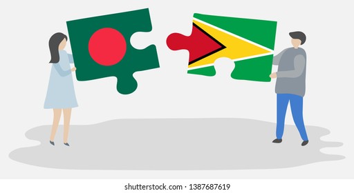 Couple holding two puzzles pieces with Bangladeshi and Guyanese flags. Bangladesh and Guyana national symbols together.