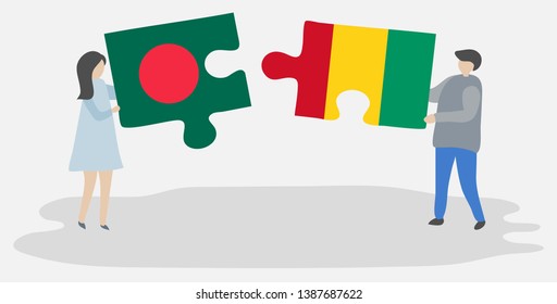 Couple holding two puzzles pieces with Bangladeshi and Guinean flags. Bangladesh and Guinea national symbols together.