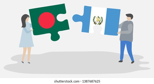 Couple holding two puzzles pieces with Bangladeshi and Guatemalan flags. Bangladesh and Guatemala national symbols together.