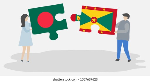 Couple holding two puzzles pieces with Bangladeshi and Grenadian flags. Bangladesh and Grenada national symbols together.
