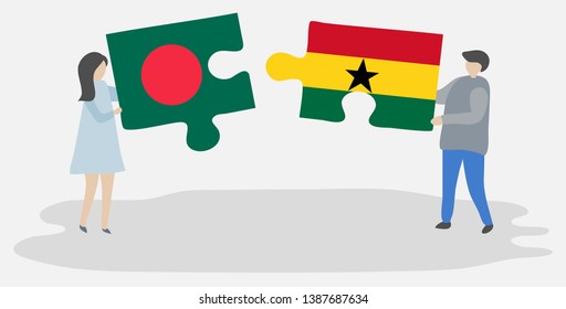 Couple holding two puzzles pieces with Bangladeshi and Ghanaian flags. Bangladesh and Ghana national symbols together.