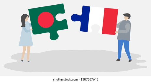 Couple holding two puzzles pieces with Bangladeshi and French flags. Bangladesh and France national symbols together.
