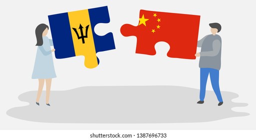 Couple holding two puzzles pieces with Barbadian and Chinese flags. Barbados and China national symbols together.